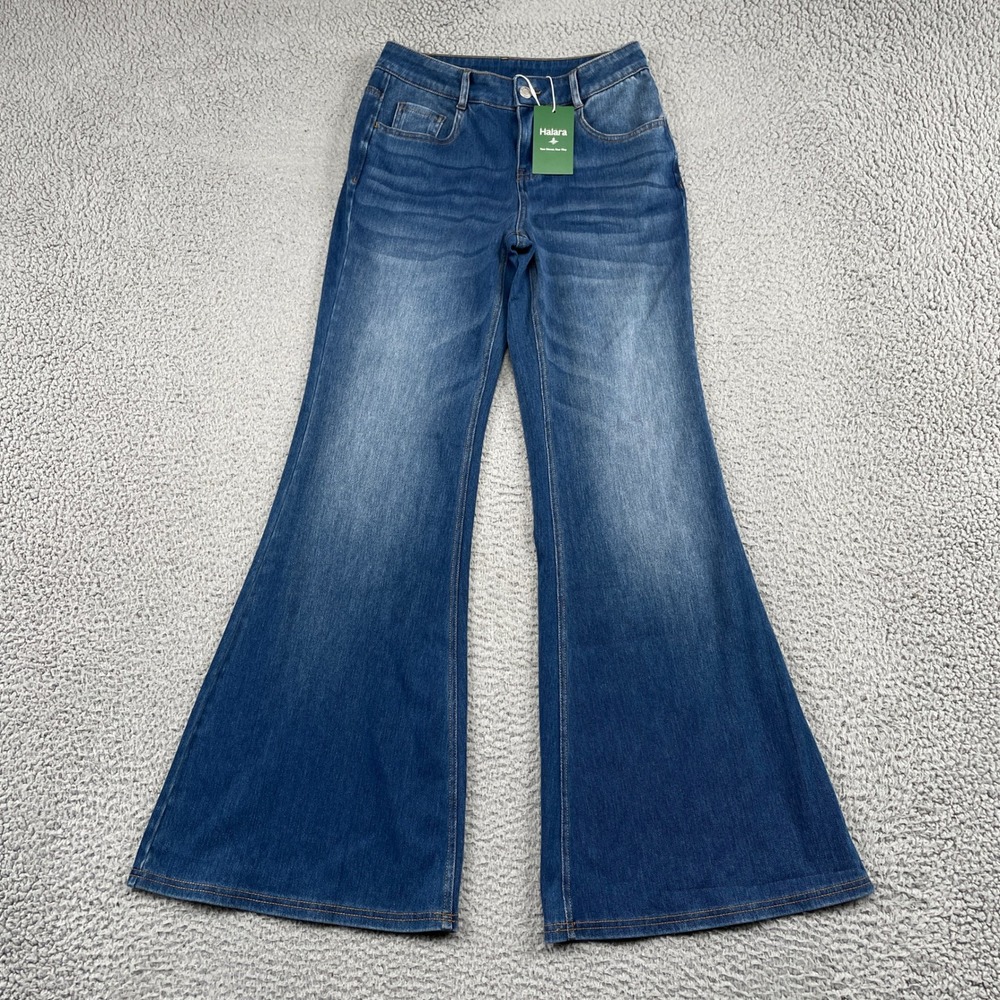 Halara Jeans Women Small Blue Flex Denim Flare Leg High Waisted Stretch 17896